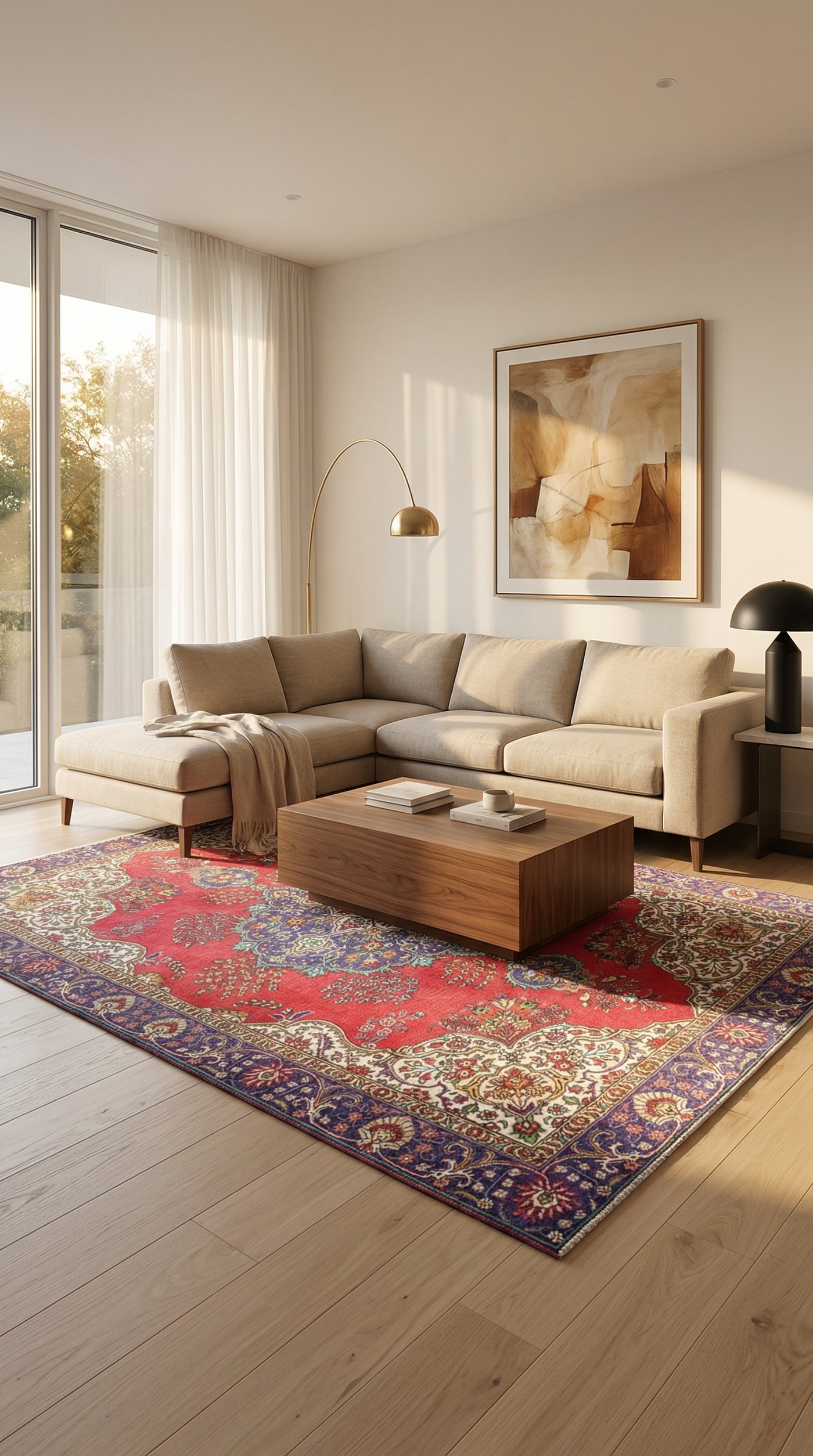Salon moderne avec tapis d'Orient sous l'ensemble de canapés